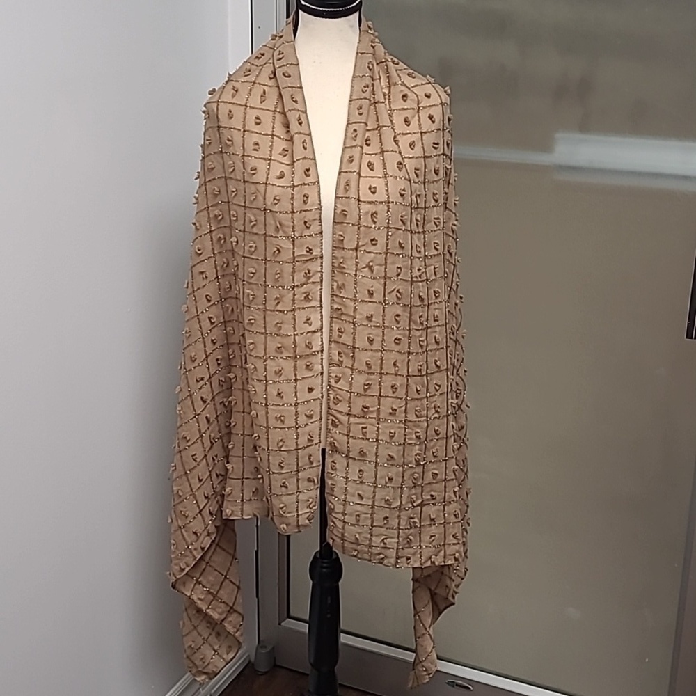 Unbranded Tan Coloured Scarf/Shawl with Gold Metallic Detailing